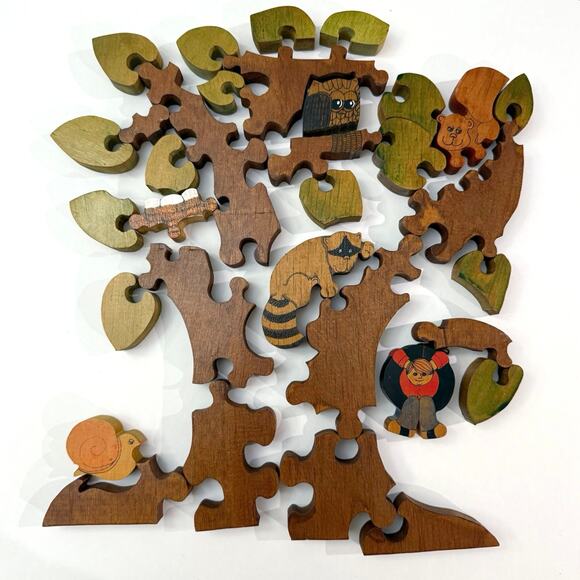Vintage 1970s Wooden Puzzle Jenell Todd Woodland Animals Tire Swing Tree Painted - Picture 2 of 16
